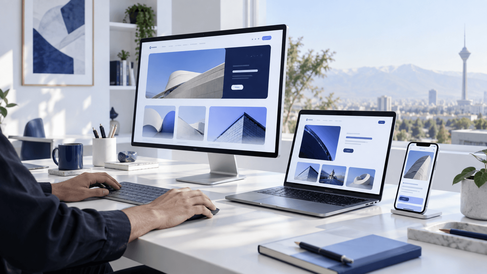 فضای حرفهای طراحی و توسعه وبسایت روی نمایشگر، لپتاپ و تلفن همراه